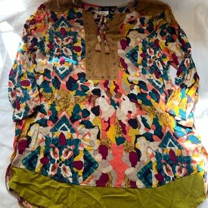 Tru Luxe Jeans Yellow and Blue Graphic 3/4 Sleeve Blouse